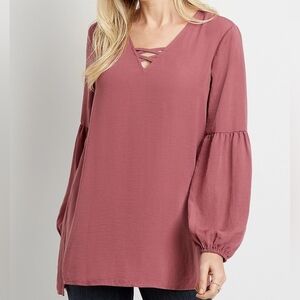 XXL • Maurices • Mauve Lantern Sleeve Lattice Neck Tunic Blouse